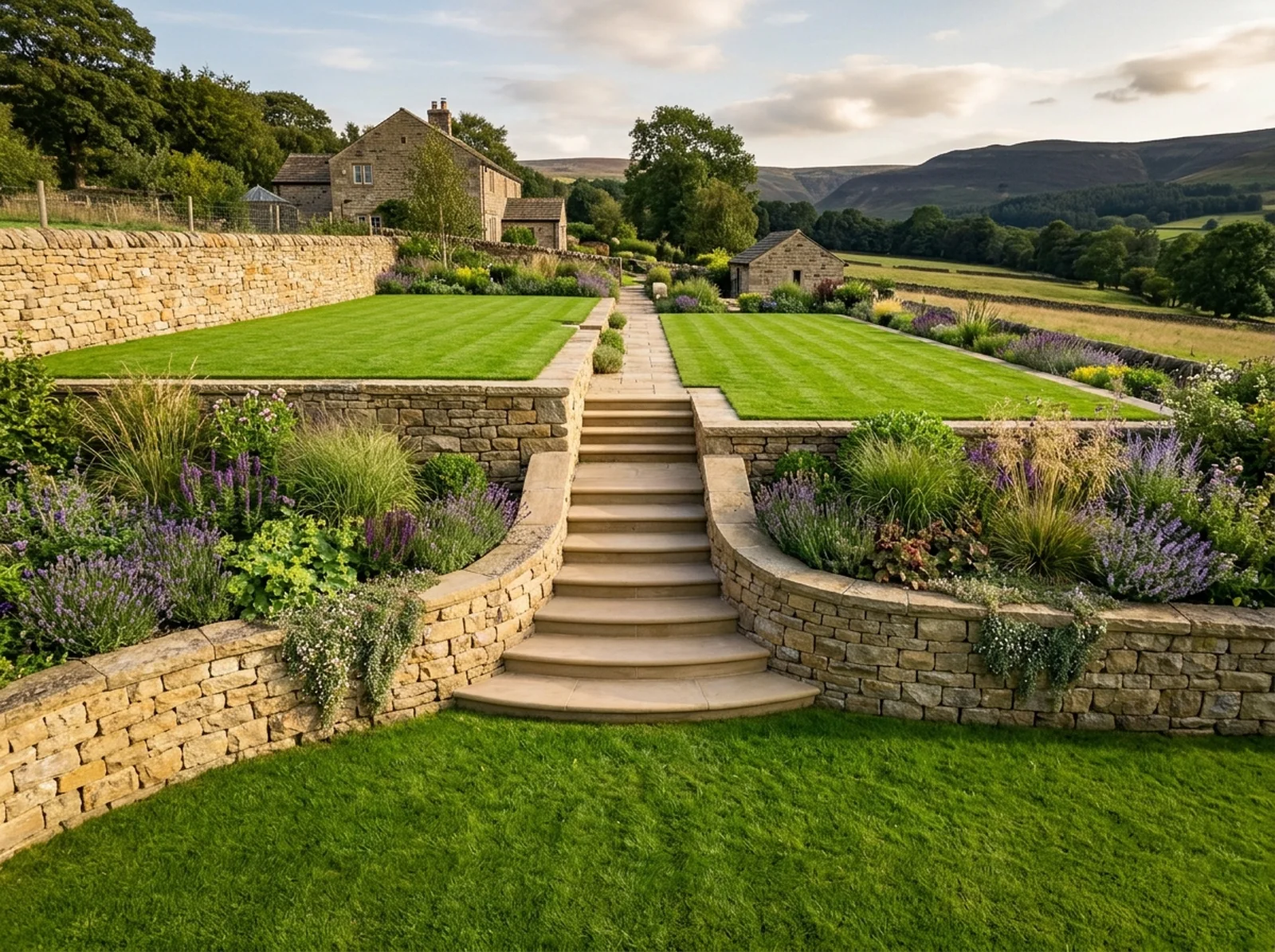 Multi-tier retaining walls with wide natural stone and sleeper steps lit by LED riser lights and a porcelain terrace in Marple & Stockport