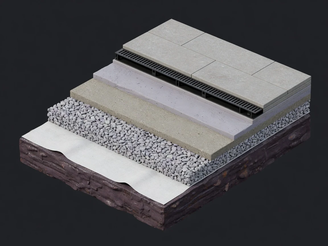 Cutaway model of a Goyt Valley patio build: porcelain, mortar bed, compacted crushed stone and membrane over clay