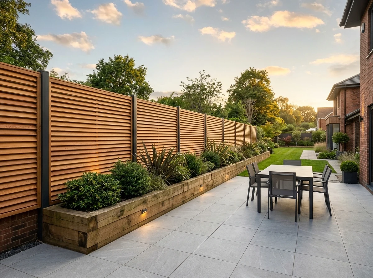 Bespoke horizontal Western Red Cedar slatted screening mounted on anthracite steel DuraPost posts above an oak sleeper planter in Woodford SK7
