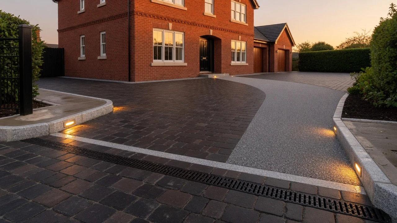95m² SuDS permeable charcoal block and UV-stable resin driveway with concrete-haunched silver granite kerbs and flush ACO drain in Cheadle Hulme SK8