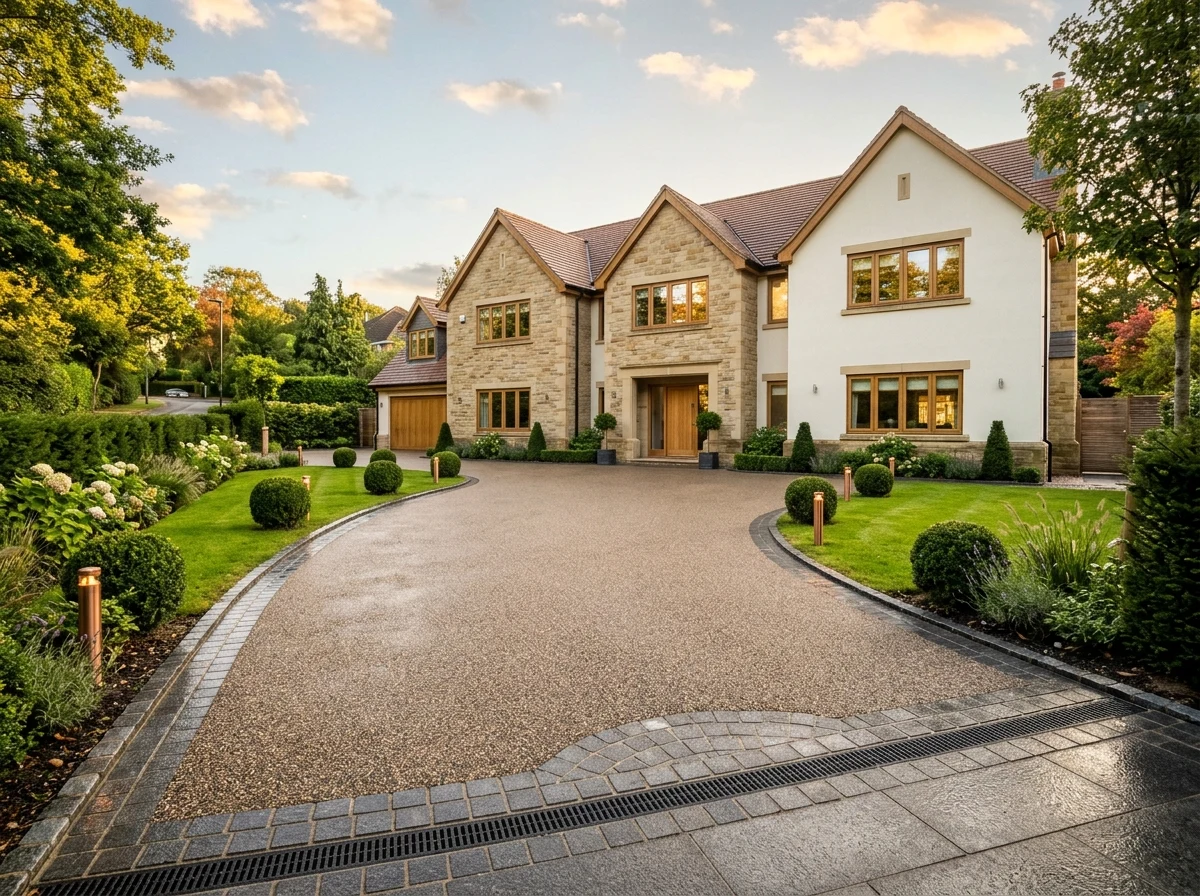 Completed 95m² SuDS permeable charcoal block and UV-stable resin driveway with silver granite kerbs and flush ACO drain in Bramhall & Cheadle Hulme