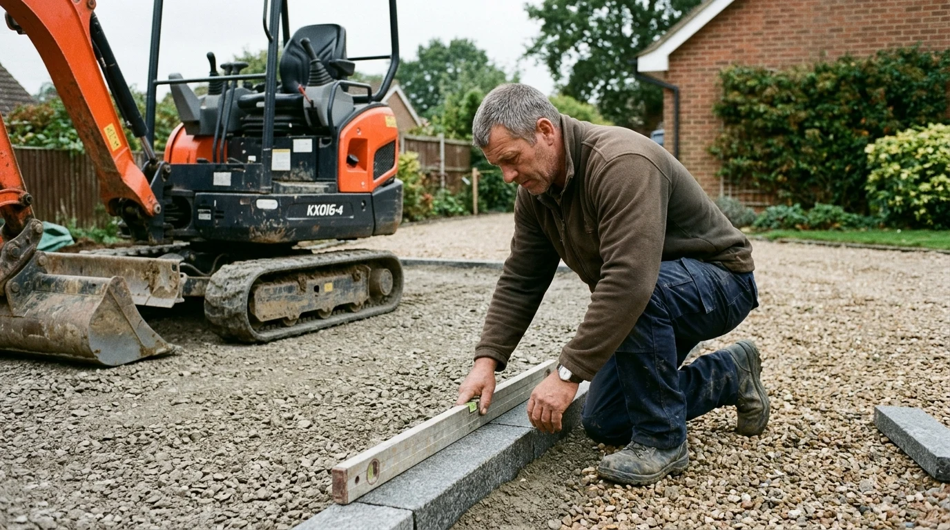 David Mercer checking spirit-level alignment on concrete-haunched charcoal kerbs over compacted sub-base with Kubota excavator behind