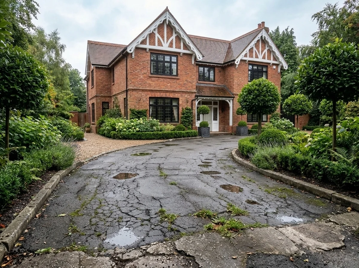 Before: Cracked, puddle-stained tarmac driveway before 310mm excavation in Wilmslow SK9