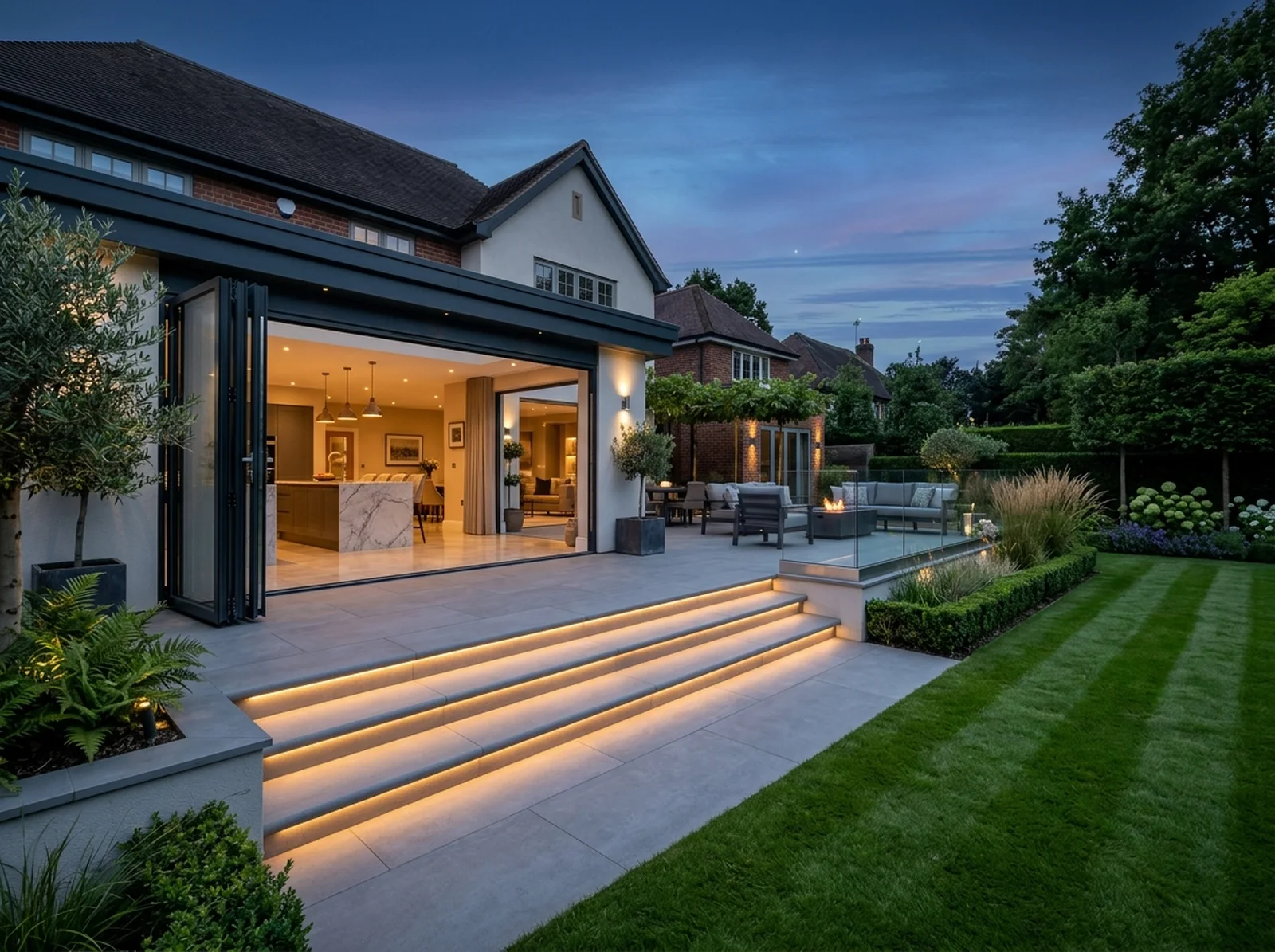 Complete back-garden transformation with dusk-lit 20mm R11 porcelain patio, oak sleeper beds, lawn and cedar boundary screening