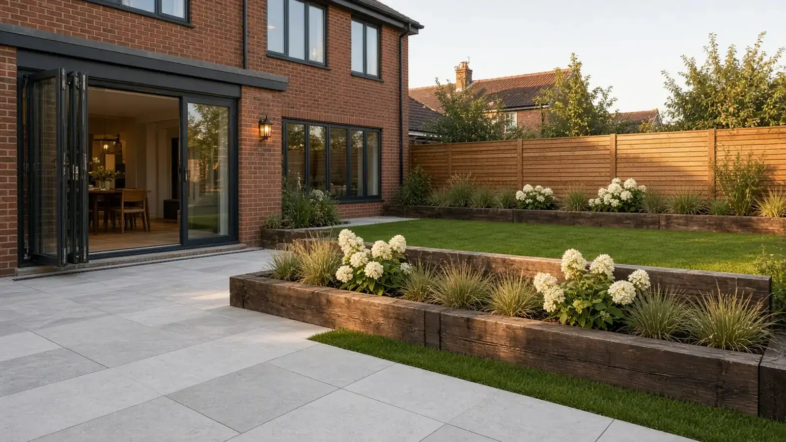 Completed porcelain patio with flush ACO drain and green-oak sleeper beds in Bramhall SK7
