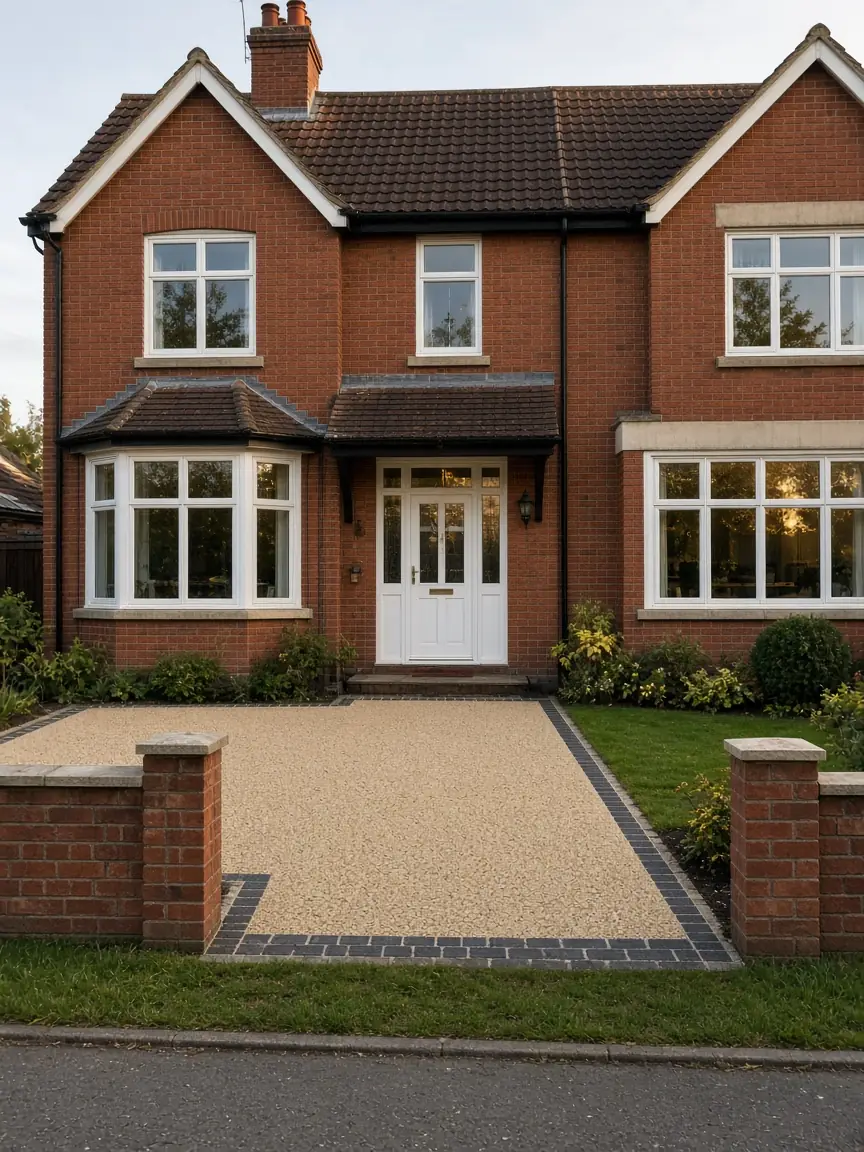 Handforth Road Wilmslow SK9 52m² honey-gold UV-stable SuDS resin-bound driveway with charcoal block border