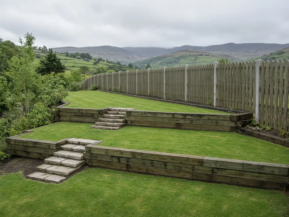 Tiered green-oak sleeper retaining walls and dusk-lit porcelain steps in Marple SK6